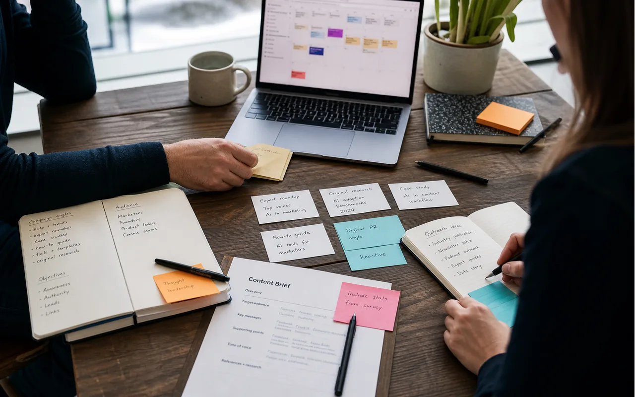 Content planning workspace with editorial calendar, briefs, topic notes and authority-building research.