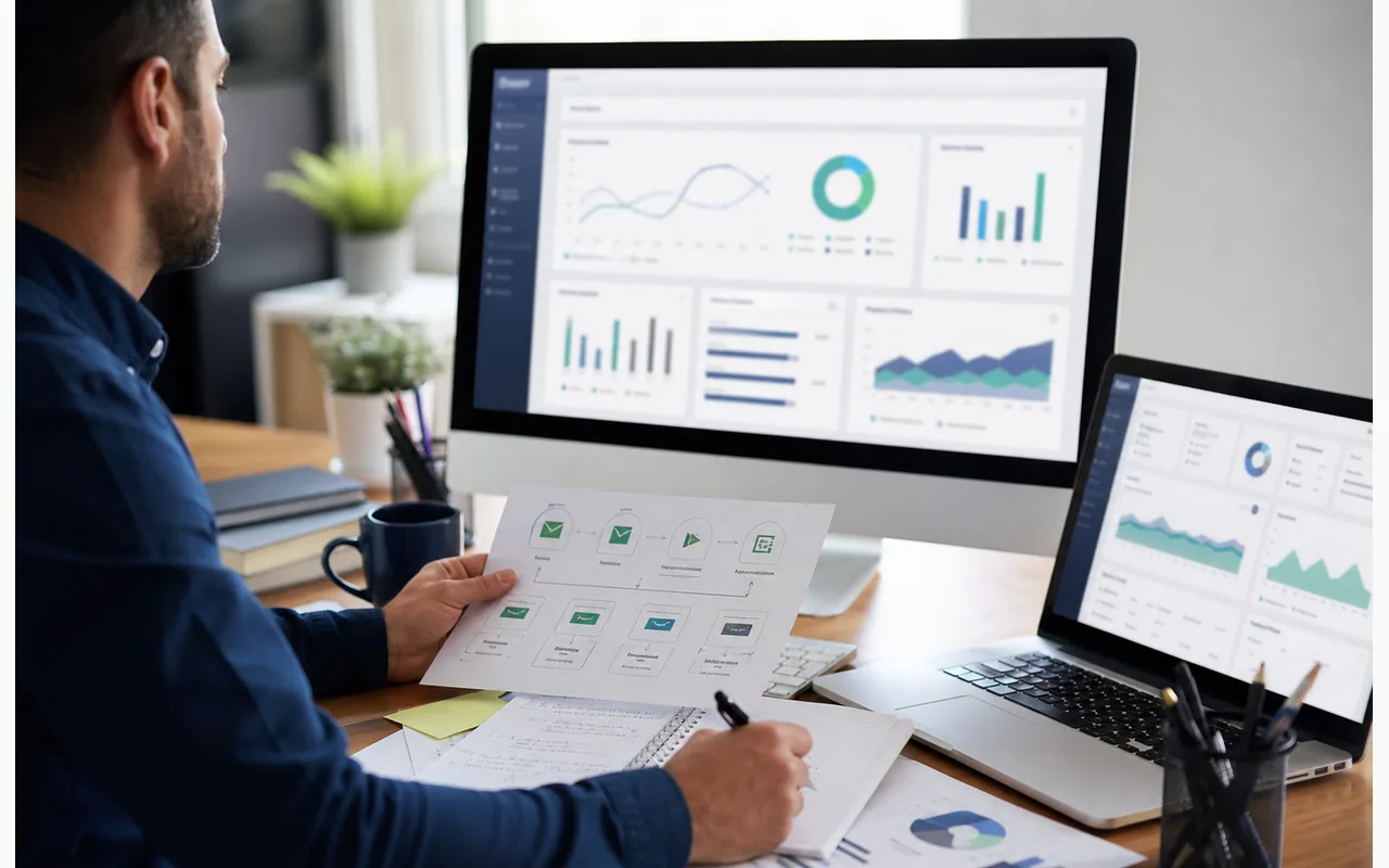 Marketing consultant reviewing demonstration lifecycle reporting dashboards and journey planning notes.